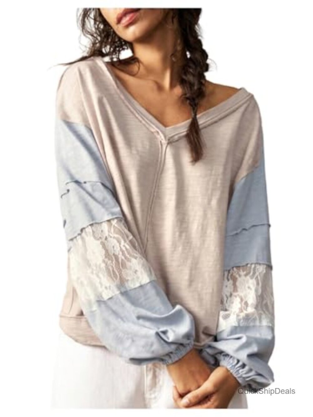 Oversized Lace Patchwork V Neck Bishop Sleeve T Shirt Loose Fit Womens Top